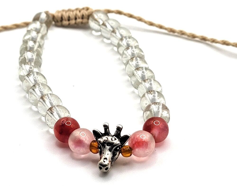 beaded bracelet clear quartz rose quartz silver-toned giraffe charm adjustable